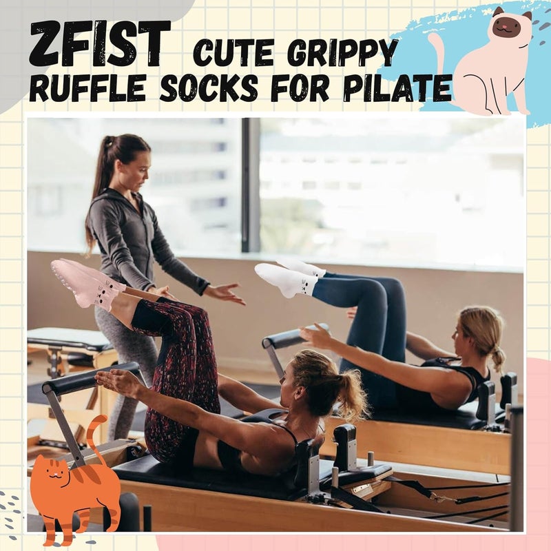 ZFiSt Pilates Socks with Grips for Women,4Pairs Ruffle Yoga Sock Cute Cotton Grippy Socks for Barre Workout Non Slip 5-10in - Image 3